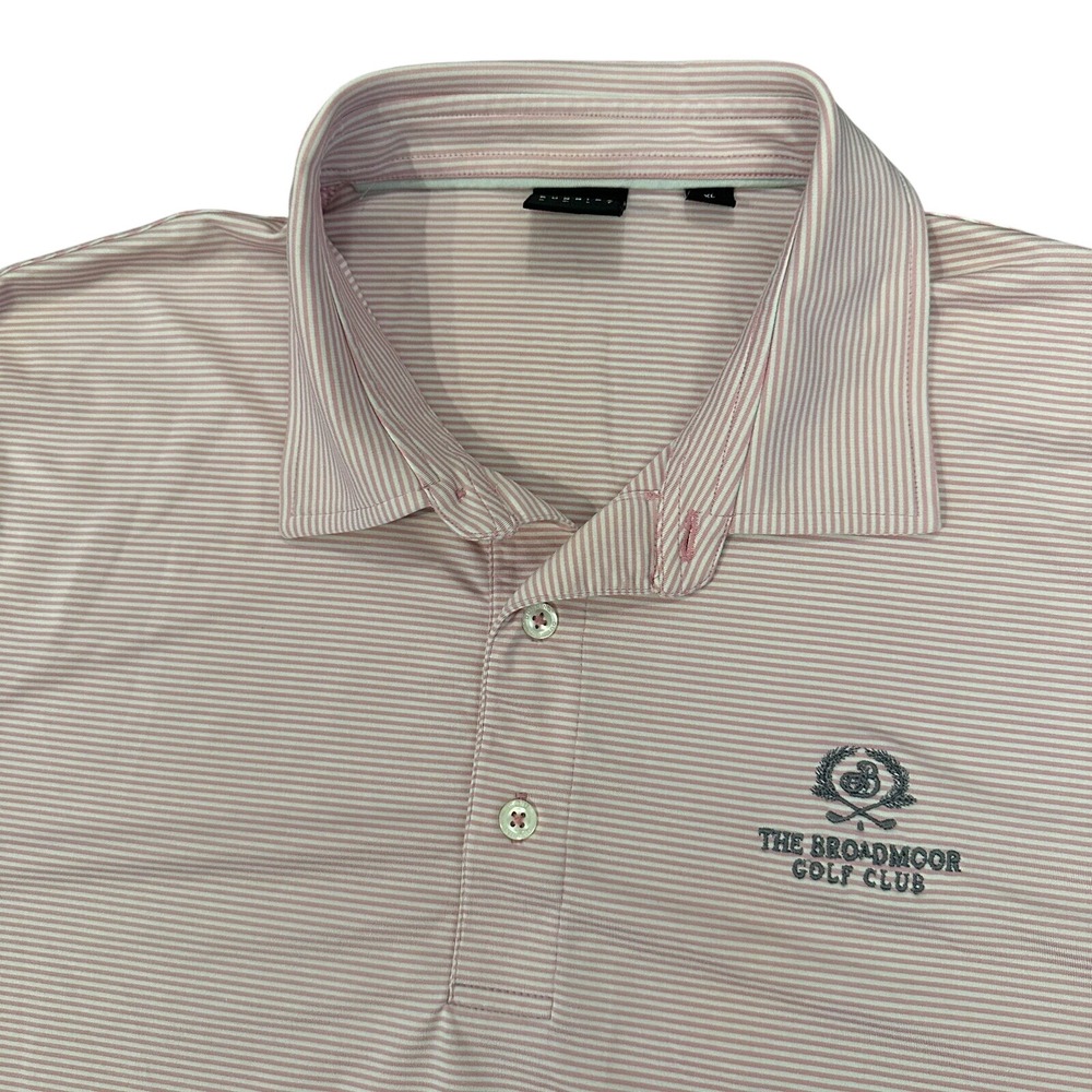 Dunning Polo Shirt Mens XL Pink Striped The Broadmoor Golf Club Short Sleeve